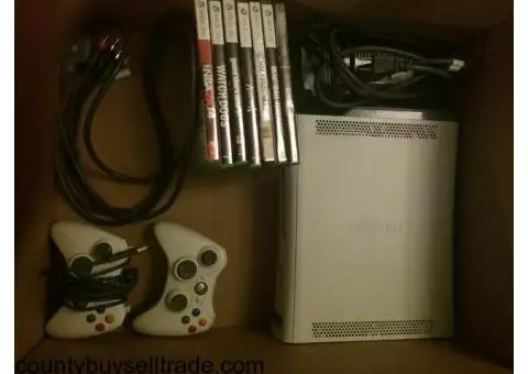 Used Xbox 360 (White Model) w/ 2 Controllers, 7 Disk Games & 13 Installed Games